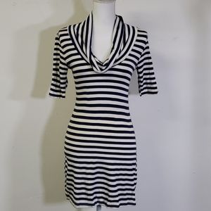 Striped Cowl Neck Short Sleeve Long Shirt